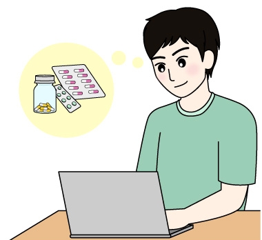 PCを使い、インターネットで薬を購入する人のイラスト